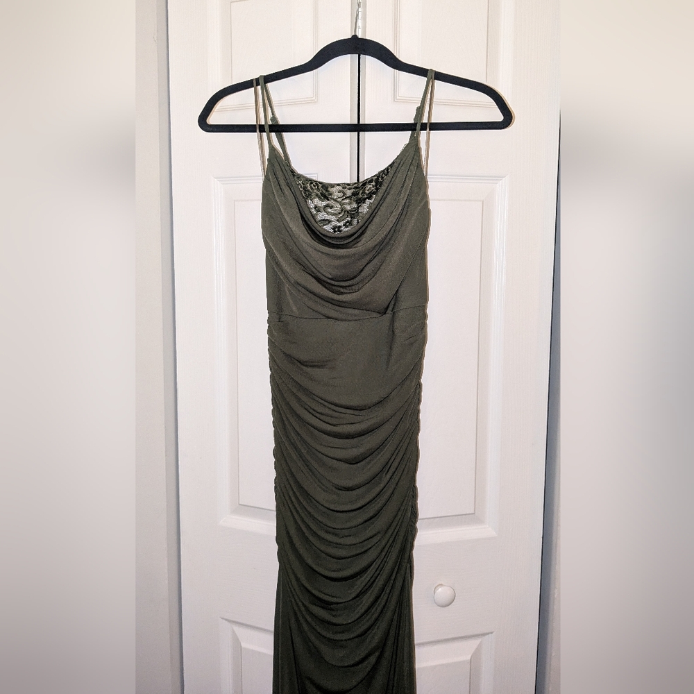 Olive Green Ruched Cowl Neck Women's Dress